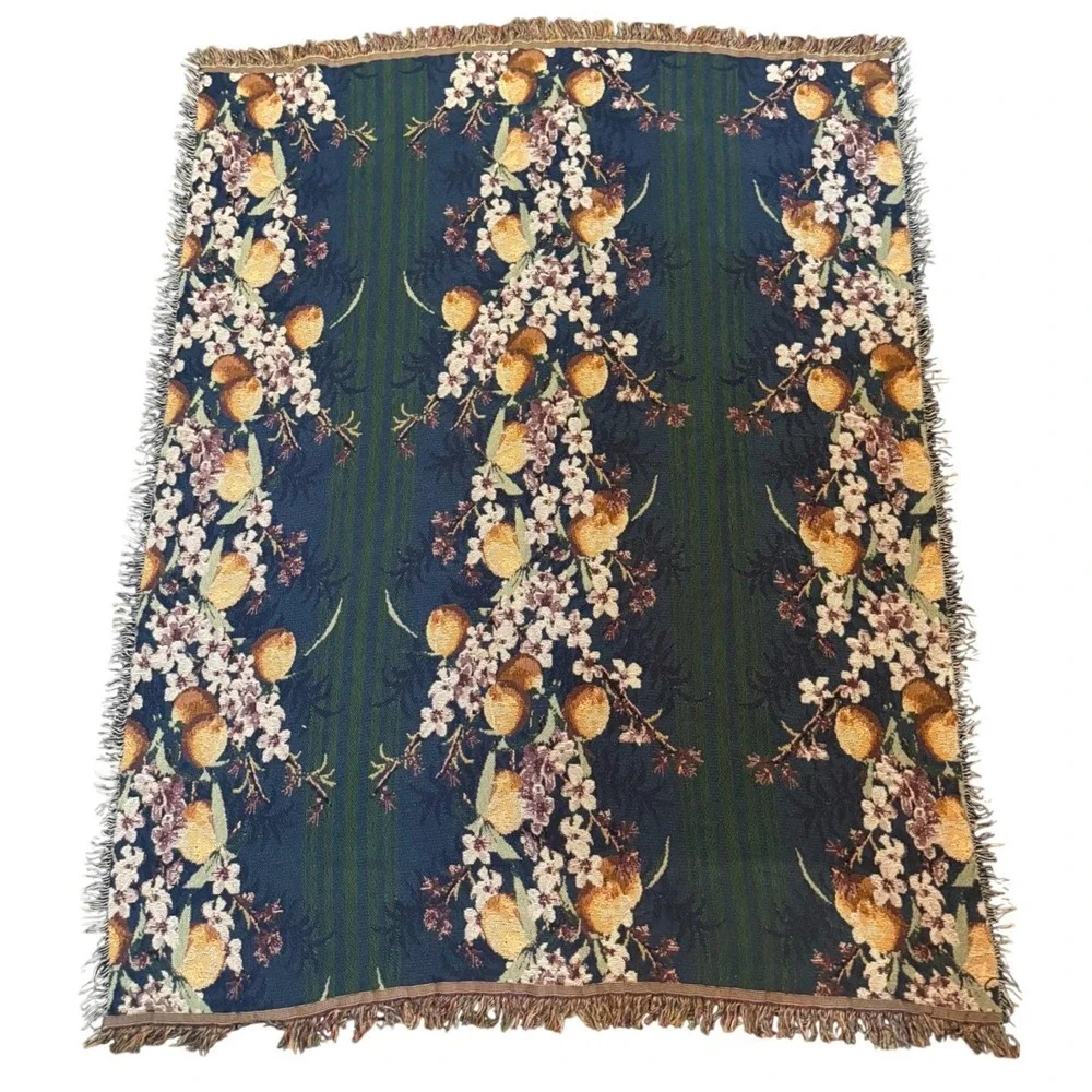 VTG‎ Peach Floral Woven Tapestry Throw Blanket Navy Green Gold Fringed 50x61